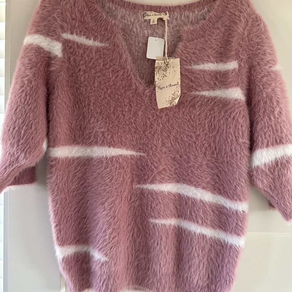 Hem & Thread Fuzzy Pink and White V-Neck Sweater